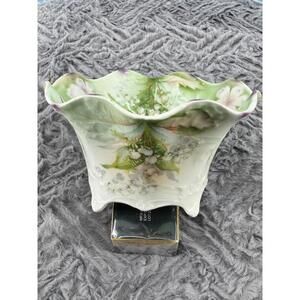 Vintage Silesian Germany Floral Lily of the Valley Scalloped Rim Footed Bowl